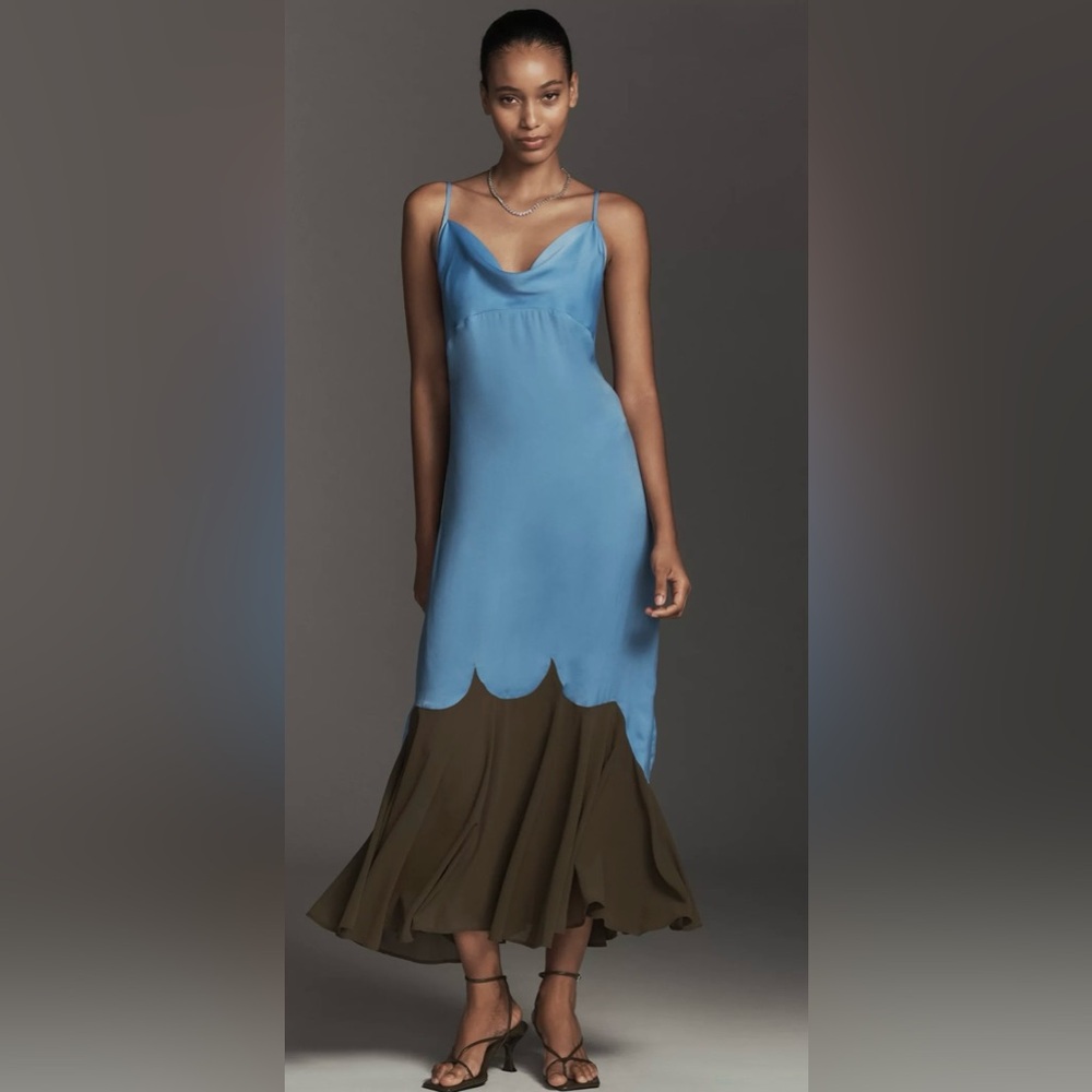 LyreBird Cowl-Neck Blue and Brown  Midi Slip Dress NWT Medium